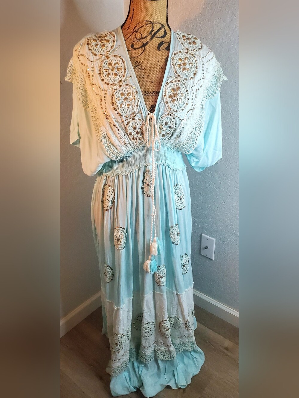 Source Unknown Light Blue Maxi Dress with Cream Crochet Trim